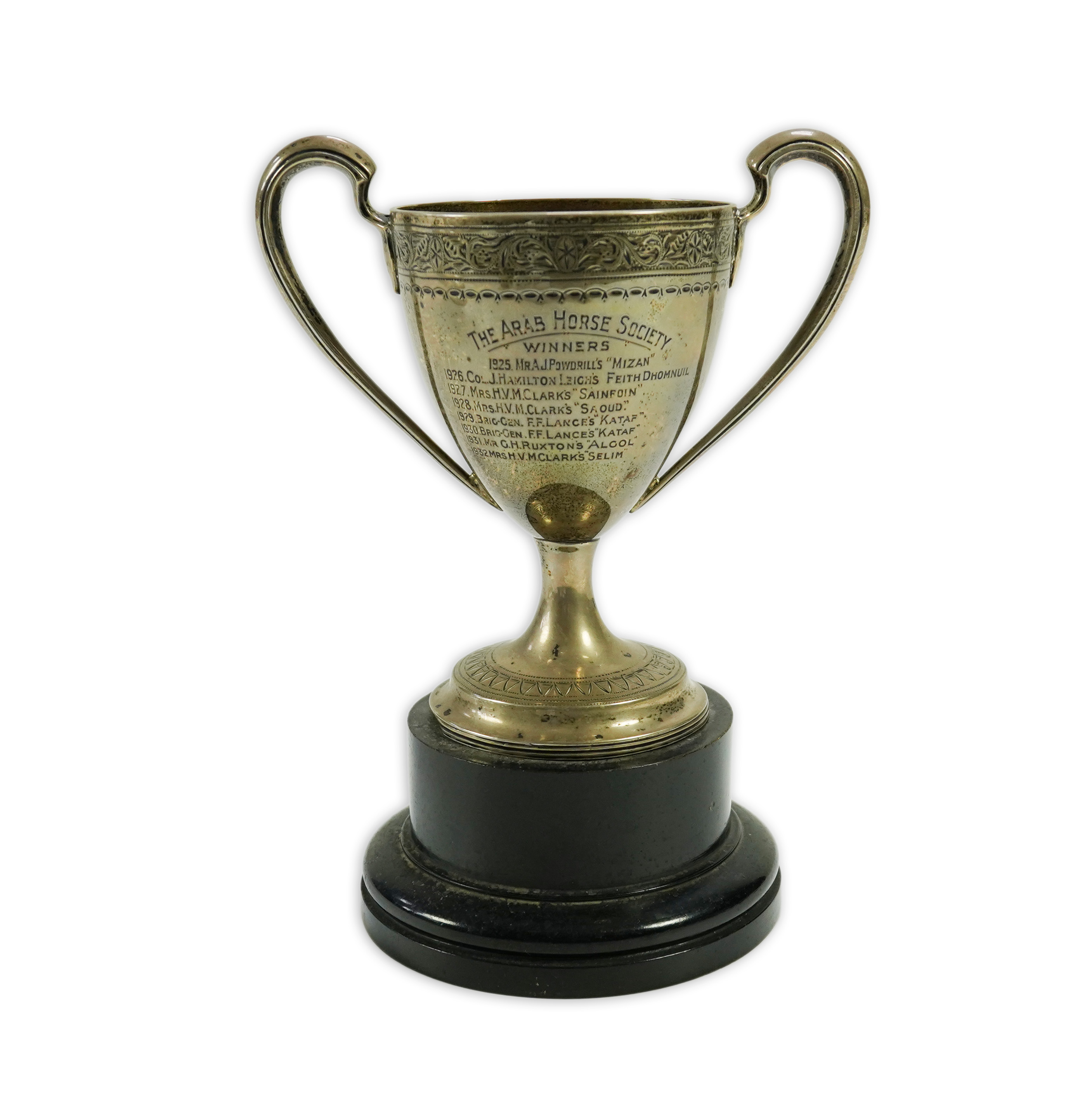 A George III? Irish silver two handled presentation trophy cup, with later engraved horse racing inscription relating to 'The Arab Horse Society Challenge Cup for the Best Stallion or Colt not exceeding 4 years old'